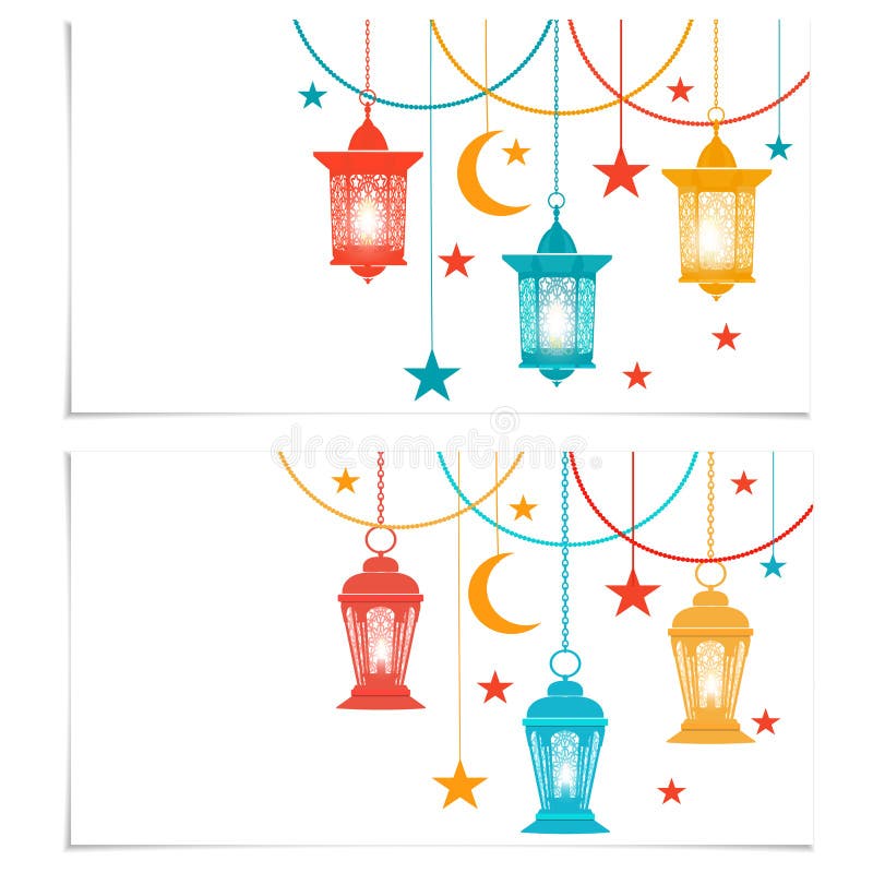 ramadan kareem Reklamblad, affärskort eller inbjudankort Kulöra lyktor i orientalisk stil Isolerat på vit stock illustrationer ramadan kareem Reklamblad, affärskort eller inbjudankort Kulöra lyktor i orientalisk stil Isolerat på vit stock illustrationer