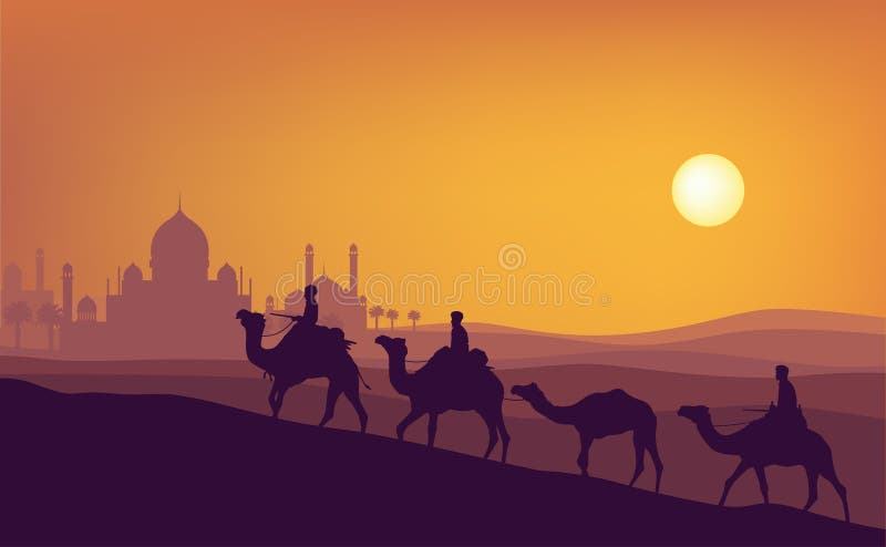 Ramadan Kareem Sunset Illustration. A Man Ride Camel 