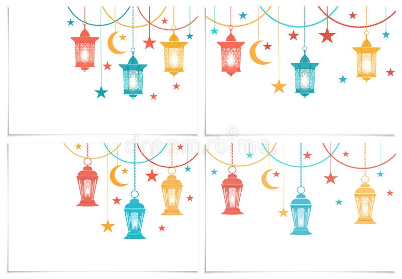 ramadan kareem Uppsättning Färglyktor i den orientaliska stilen hänger på kedjor stjärna halvmånformig bakgrund isolerad white royaltyfri illustrationer ramadan kareem Uppsättning Färglyktor i den orientaliska stilen hänger på kedjor stjärna halvmånformig bakgrund isolerad white royaltyfri illustrationer