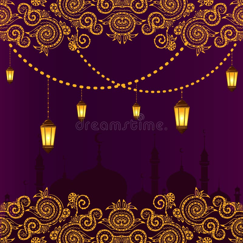 Ramadan Kareem Greeting Card Layout with Mosque, Minarets, Arabic Shining  Lamps, and Ornamental Decor. Stock Vector - Illustration of arabian, arab:  141901143