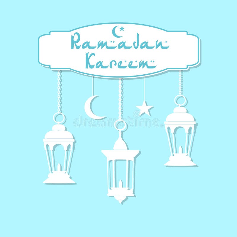 ramadan kareem Vita lyktor i orientalisk stil hänger på kedjor stjärna halvmånformig Lyckönsknings- inskrift Med a royaltyfri illustrationer ramadan kareem Vita lyktor i orientalisk stil hänger på kedjor stjärna halvmånformig Lyckönsknings- inskrift Med a royaltyfri illustrationer