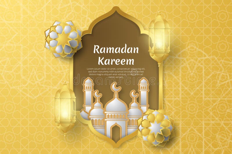 Ramadan kareem - wenskaart met islamitische geometrische patronen lantaarns en moskee.