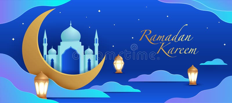 Ramadan karem : semilună cu moschee iluminate și felinare royalty free illustration