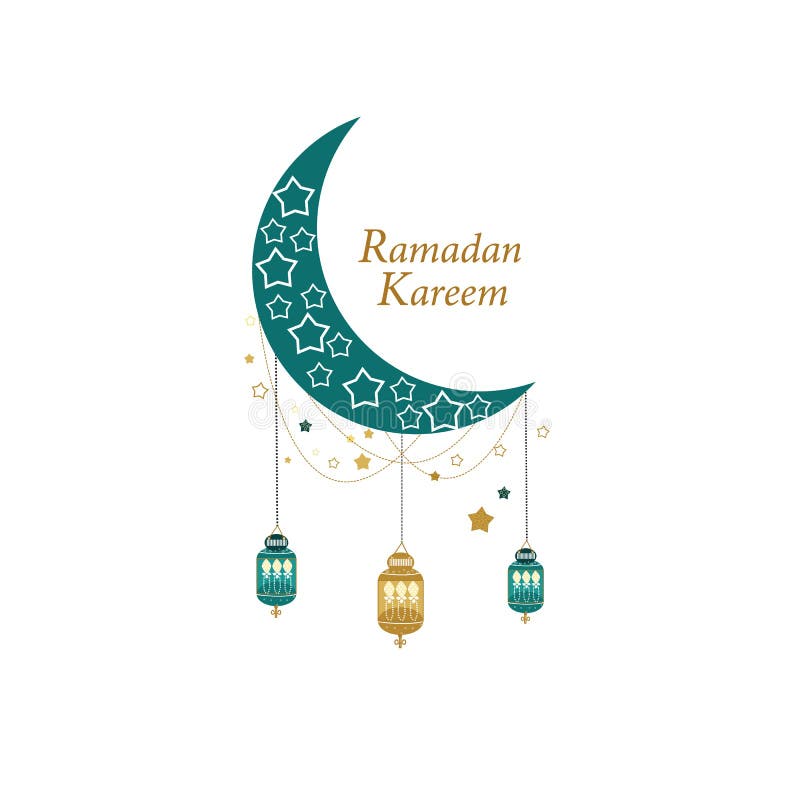 Ramadan kartka z pozdrowieniami z złotem i zielenią barwił księżyc, półksiężyc i gwiazdy, lampion tradycyjny ilustracji