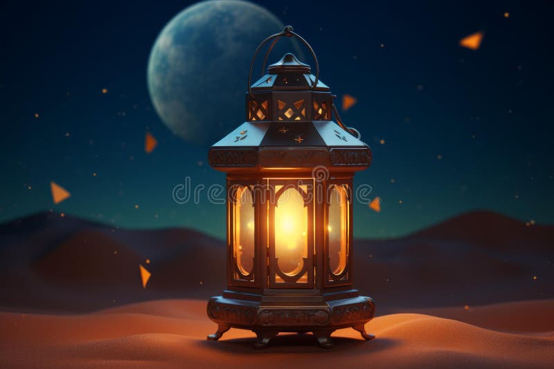 Ramadán linterna en oscuro desierto.