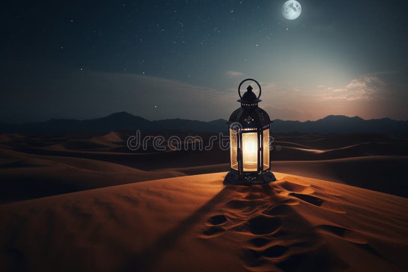 Ramadán linterna en oscuro desierto.