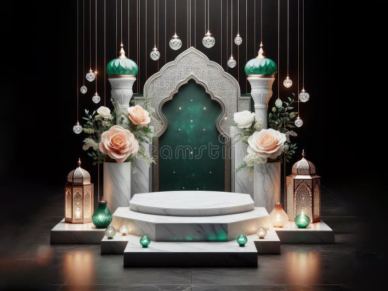 white marble podium with green crystal, peach rose and gold islamic lantern, ai generated. white marble podium with green crystal, peach rose and gold islamic lantern, ai generated