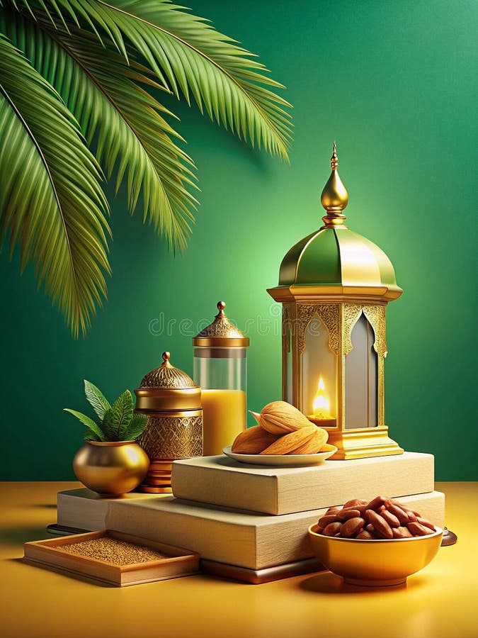 Ramadã ainda vive com lanterna data suco e livros sobre uma superfície amarela imagens de stock royalty free