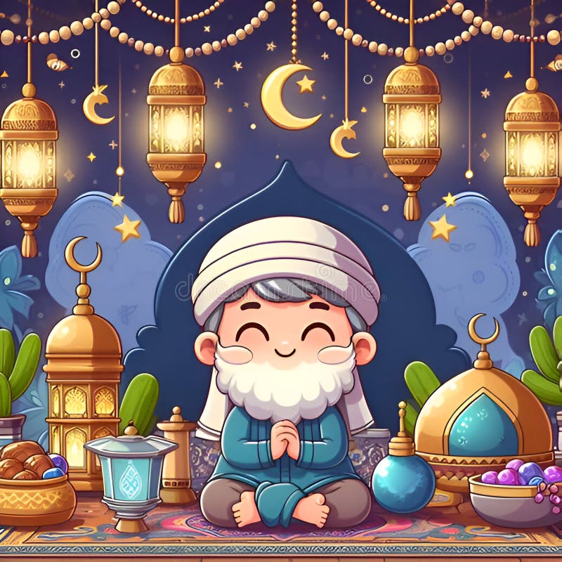 Ramadã feliz com enredo tema ramadan estilo cartoon ornamentos mesquinhos fofinhos lua fotos de stock royalty free