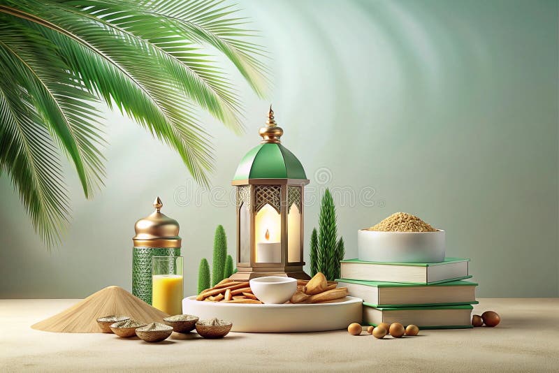 Ramadã namora livros e bebe em uma mesa com folhas de palma fotografia de stock royalty free
