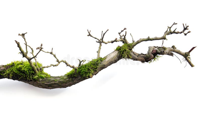 Ramo de árvore seco com musgo isolado sobre fundo branco foto de stock