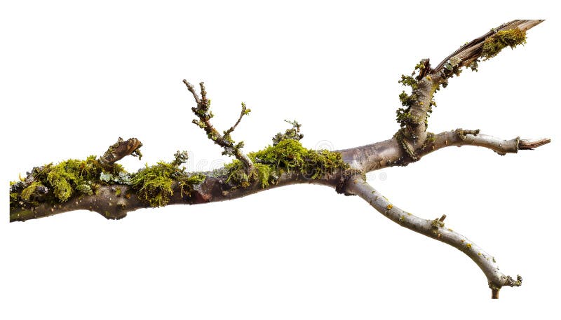 Ramo de árvore seco com musgo isolado sobre fundo branco foto de stock