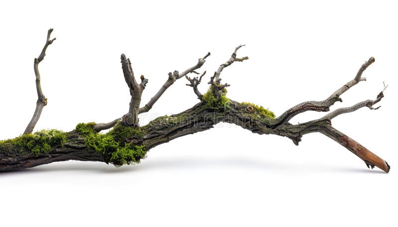 Ramo de árvore seco com musgo isolado sobre fundo branco foto de stock