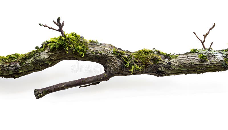 Ramo de árvore seco com musgo isolado sobre fundo branco fotografia de stock