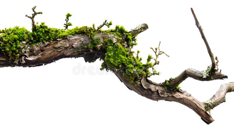Ramo de árvore seca com musgo isolado sobre fundo branco fotos de stock