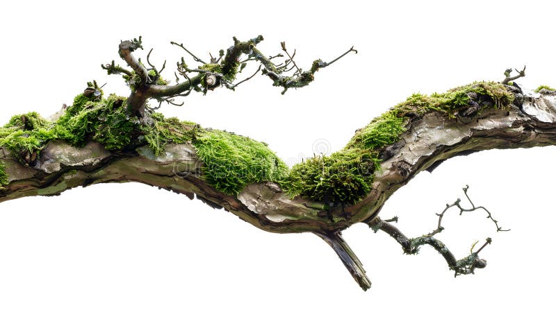 Ramo de árvore seco com musgo isolado sobre fundo branco fotos de stock royalty free