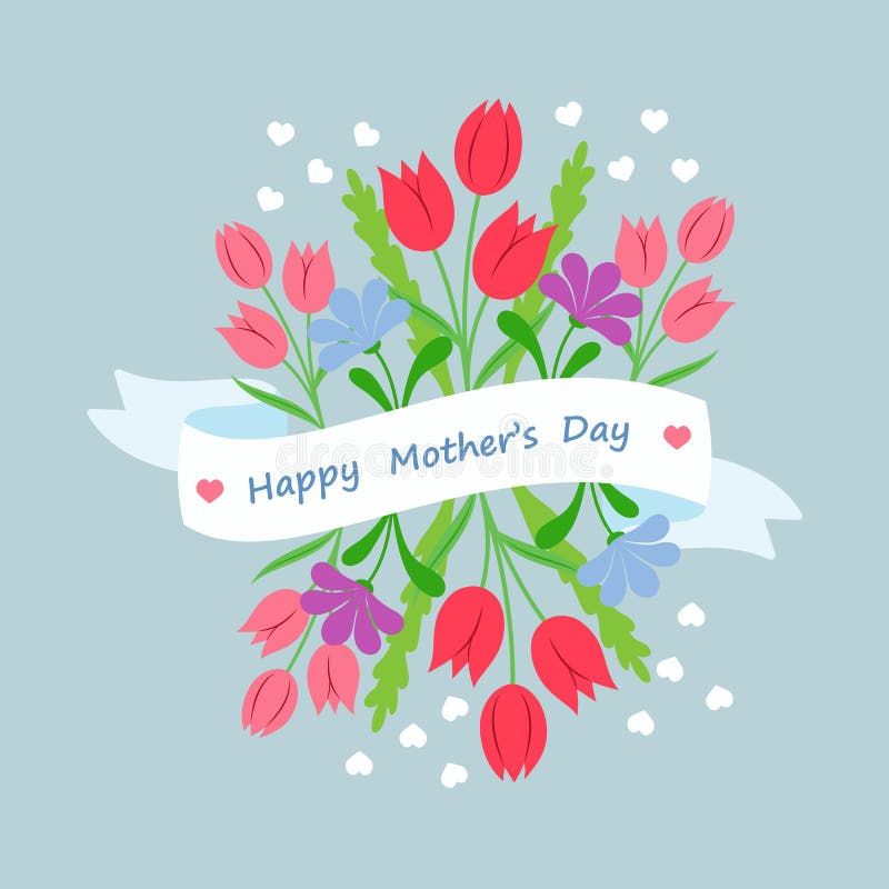 Ramalhete floral da mola com fita e felicitações no estilo liso Dia de mães do cartão do molde do projeto de conceito ilustração do vetor Ramalhete floral da mola com fita e felicitações no estilo liso Dia de mães do cartão do molde do projeto de conceito ilustração do vetor