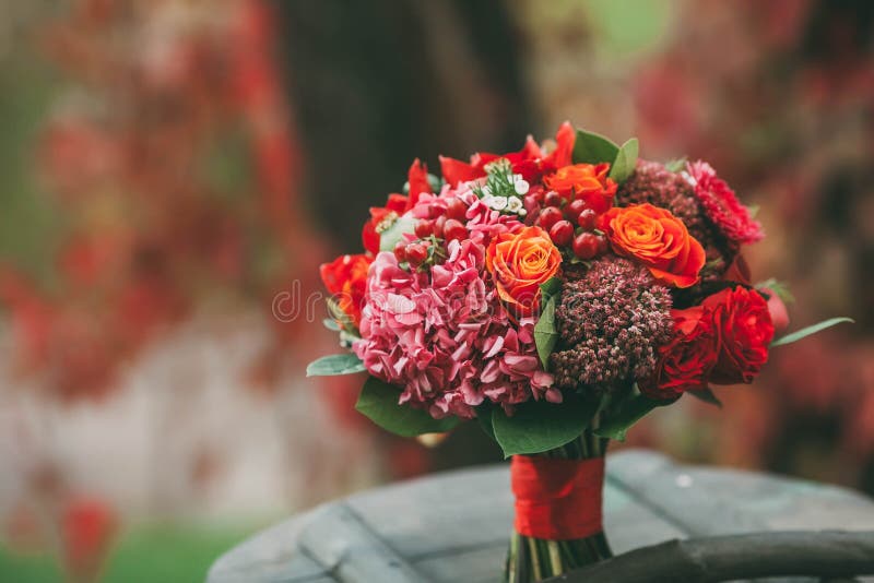 Ramalhete rústico do casamento com as rosas vermelhas, da laranja e do Bordéus, as bagas, e os outros verdes em logs de madeira e fotos de stock Ramalhete rústico do casamento com as rosas vermelhas, da laranja e do Bordéus, as bagas, e os outros verdes em logs de madeira e fotos de stock