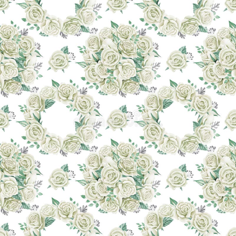 Ramalhetes das rosas brancas Ilustração da aguarela Papel sem emenda do projeto do teste padrão ilustração do vetor Ramalhetes das rosas brancas Ilustração da aguarela Papel sem emenda do projeto do teste padrão ilustração do vetor