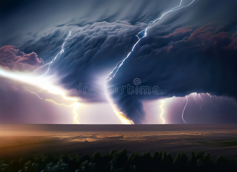 Ramatic and Powerful Tornado Lightning Thunderstorm Flash Over the