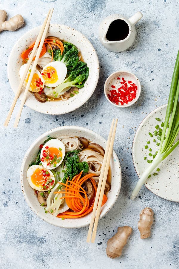 Ramen Traditional Japanese Noodle Soup with Eggs, Pak Choi Cabbage ...