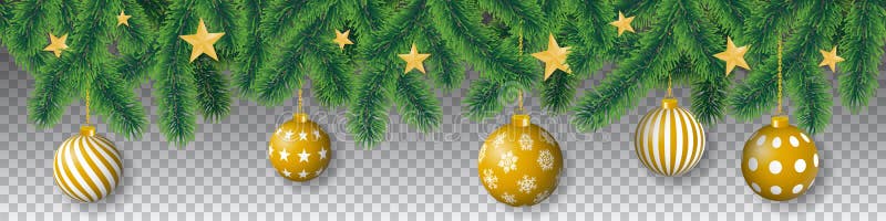 Seamless vector winter coniferous tree branches with needle leaves, golden stars and hanging golden christmas bulbs on transparent background. Seamless vector winter coniferous tree branches with needle leaves, golden stars and hanging golden christmas bulbs on transparent background.