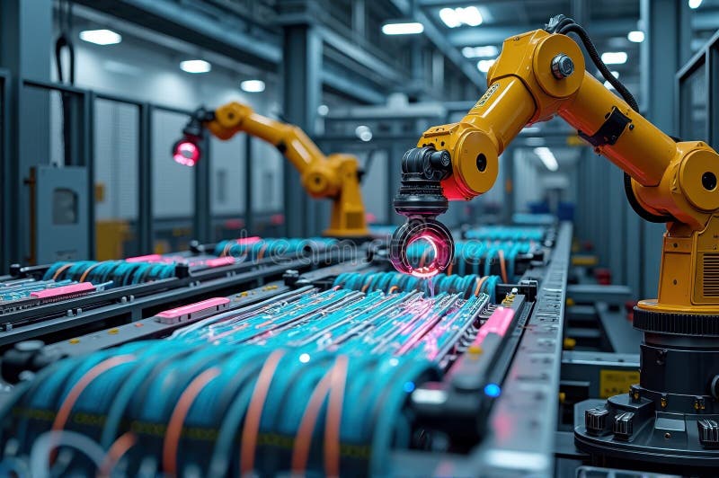 Ramiona robotyczne w zaawansowanych płytach montażowych fabrycznych z technologią precyzyjną obrazy stock