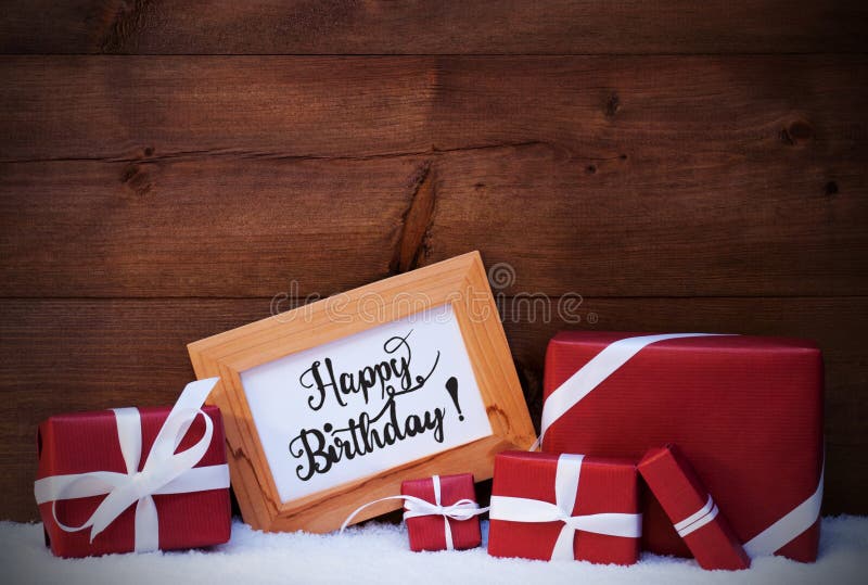Ramka, Czerwony Prezent, Śnieg, Kalligrafia Wszystkiego najlepszego z okazji urodzin