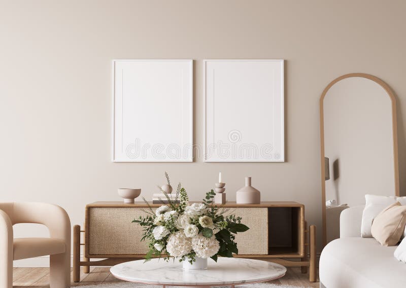 Rammockup i en ljus modern vardagsrumsbeige sofa med marmor kaffe och blomvass på vit bakgrund vektor illustrationer