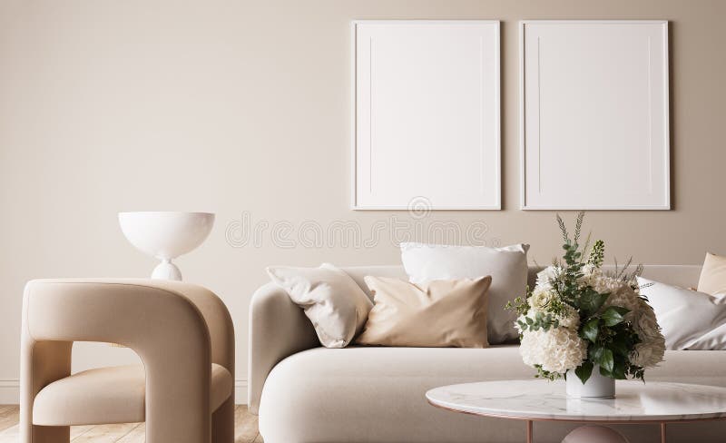Rammockup i en ljus modern vardagsrumsbeige sofa med marmor kaffe och blomvass på vit bakgrund vektor illustrationer