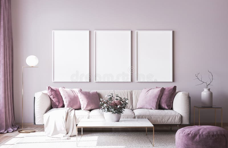 Rammodell för modern soffa på ljusrosa väggbakgrund med trendiga tillbehör till hemmet vektor illustrationer