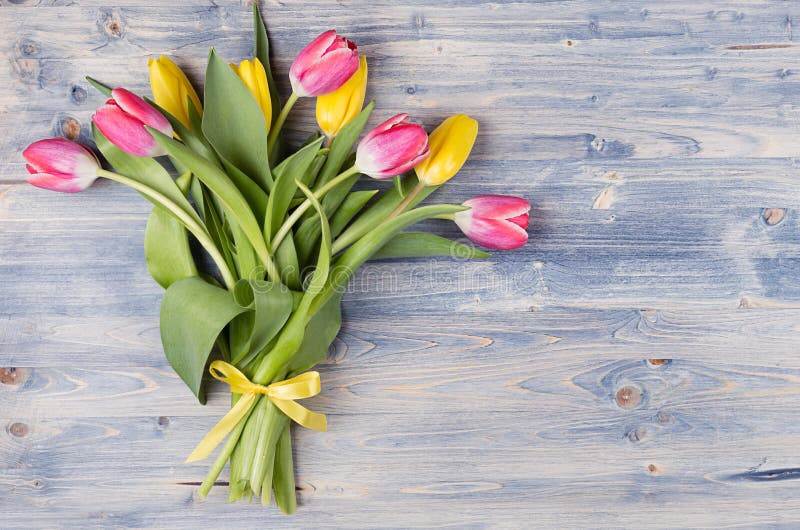 Ramo amarillo y rojo de los tulipanes con la cinta en tablero de madera elegante lamentable azul Fondo de pascua de la primavera