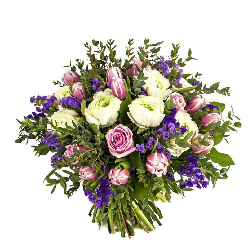 Ramo de flores rosadas, blancas y violetas aisladas en blanco