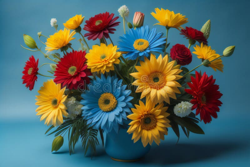 Ramo de gerberas de colores en jarrón con fondo azul. ai generativo libre illustration