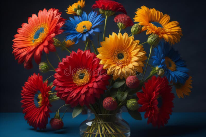 Ramo de gerberas de colores en jarrón con fondo azul. generado por ai libre illustration