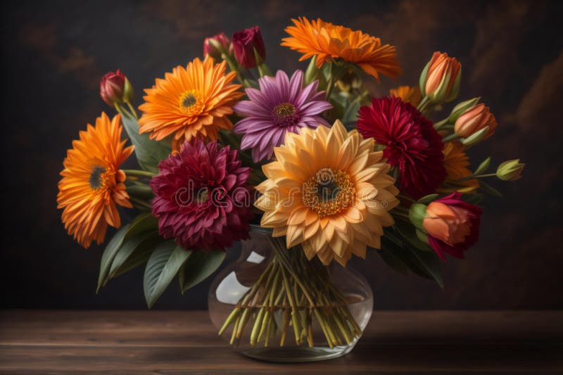 Ramo de gerberas de colores en jarrón sobre mesa de madera. ai generativo stock de ilustración