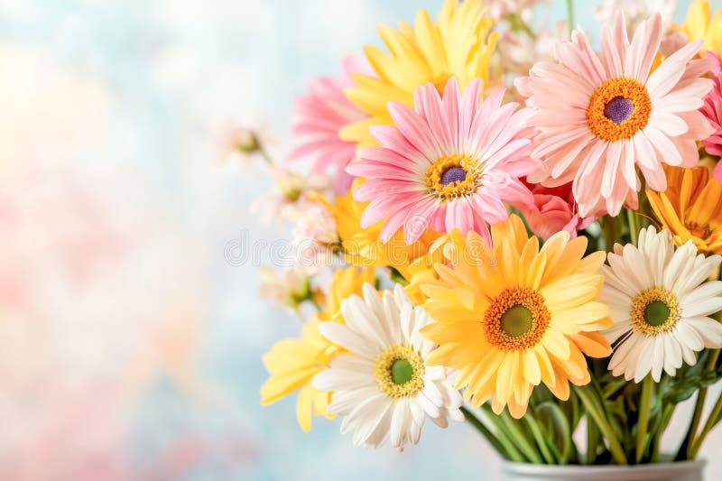 Ramo de gerberas coloridas en amarillo rosa y blanco sobre un suave fondo pastel perfecto para celebraciones de primavera. ilustración del vector