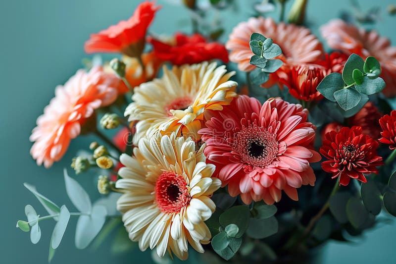 Ramo de gerberas y eucaliptos coloridos en el armario de fondo azul. libre illustration