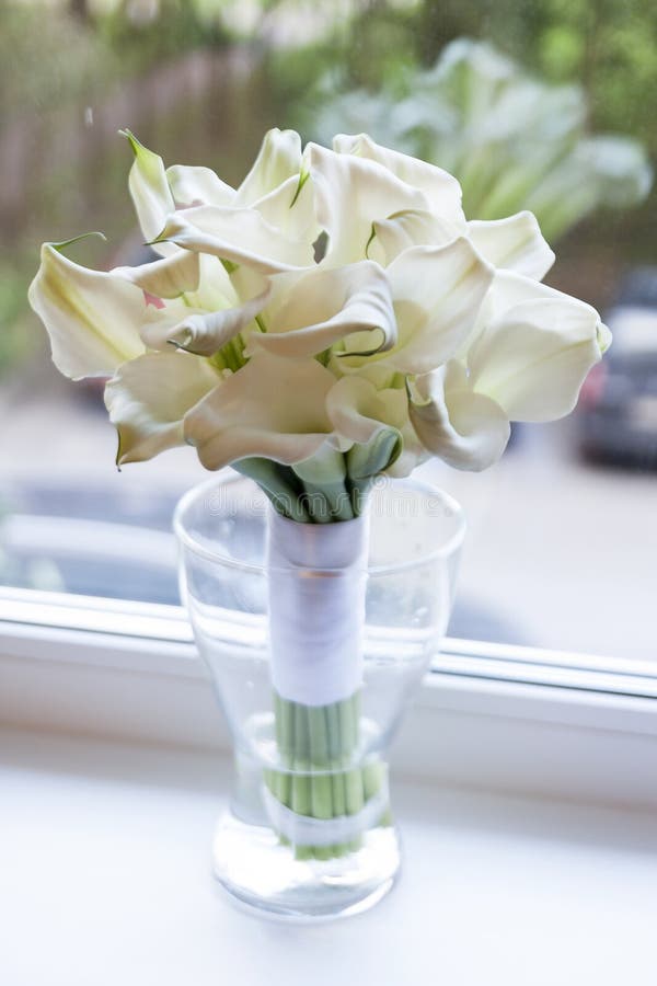 Ramo de la boda de flores Lirios de cala blancos El ramo está en un florero de cristal fotografía de archivo libre de regalías Ramo de la boda de flores Lirios de cala blancos El ramo está en un florero de cristal fotografía de archivo libre de regalías