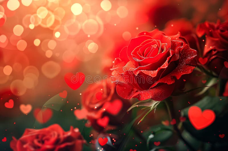Ramo de rosas rojas con los corazones rodeándolos foto de archivo