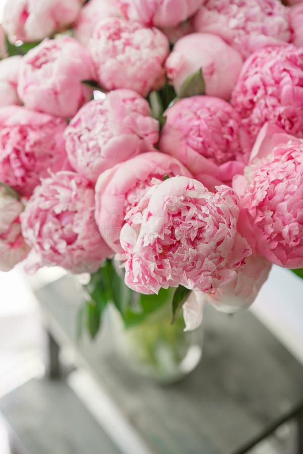 Ramo hermoso de peonías rosadas Composición floral, luz del día wallpaper Flores preciosas en el florero de cristal foto de archivo Ramo hermoso de peonías rosadas Composición floral, luz del día wallpaper Flores preciosas en el florero de cristal foto de archivo
