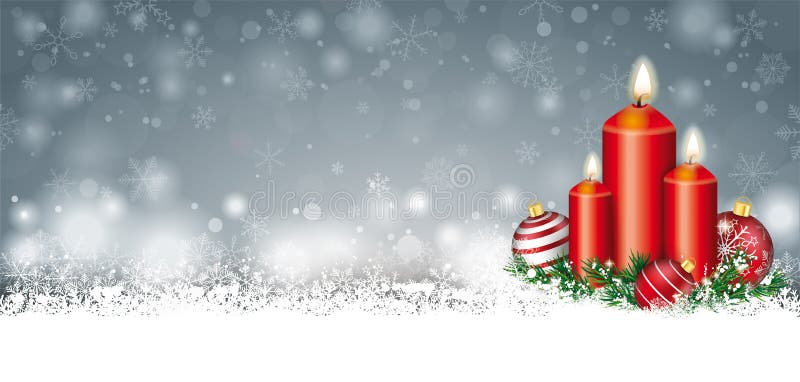 Ramoscelli di Gray Christmas Card Snow Baubles 3 candele di intestazione