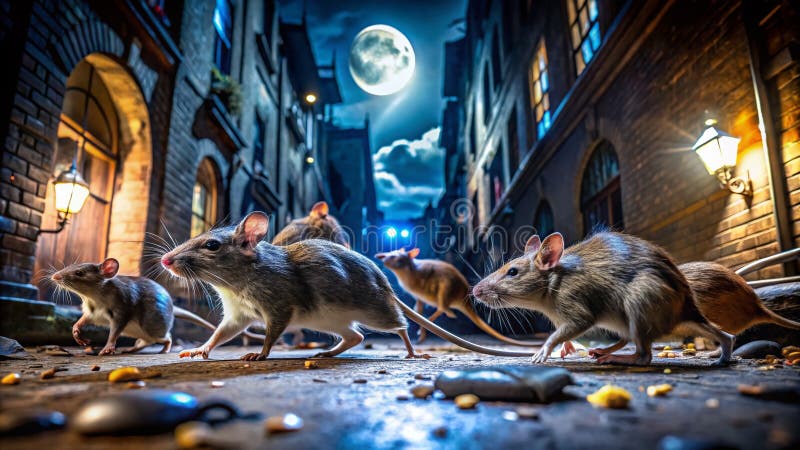 Rampage urban rozătoare Moonlight Mayhem capturează haosul palpitant al vieții sălbatice într-o alee oraș stock photos