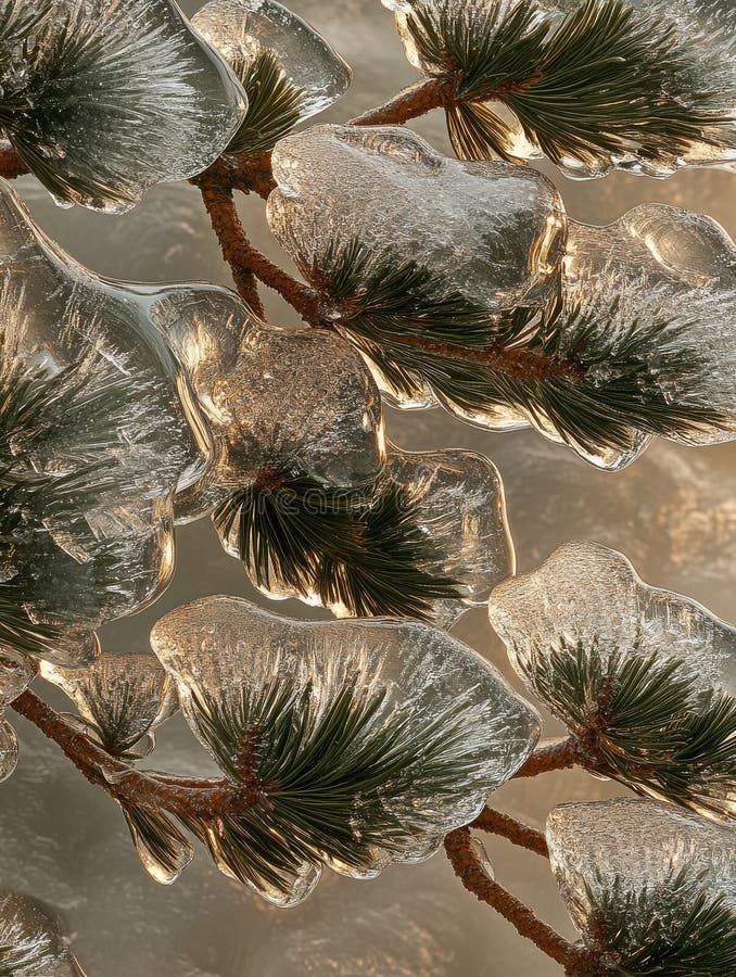 Ramuri de pin congelate Iarna Ice Crystal Nature Fotografie Art Cold Tree Life Imagine Maro deschis stock illustration