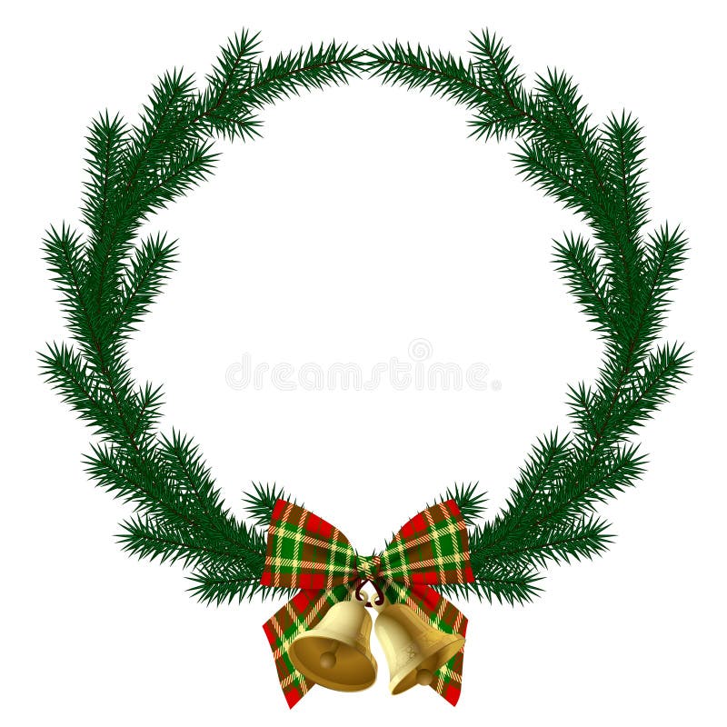 Ramură rotundă de rampă verde cu clopoței de aur și panglică de tartan izolate pe alb royalty free illustration