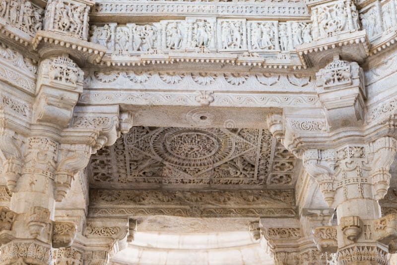 Ranakpur, India - February 2, 2017: Interior of the majestic jainist temple at Ranakpur, Rajasthan, India. Architectural details o