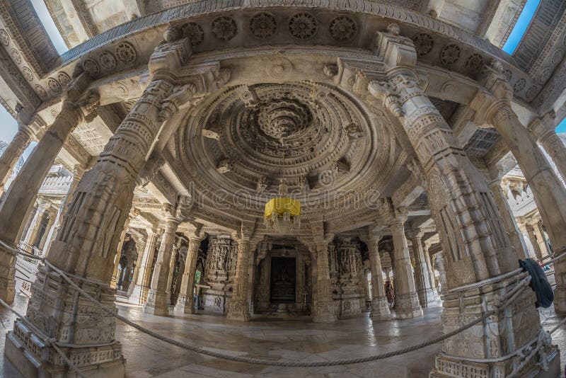 Ranakpur, India - February 2, 2017: Interior of the majestic jainist temple at Ranakpur, Rajasthan, India. Architectural details o