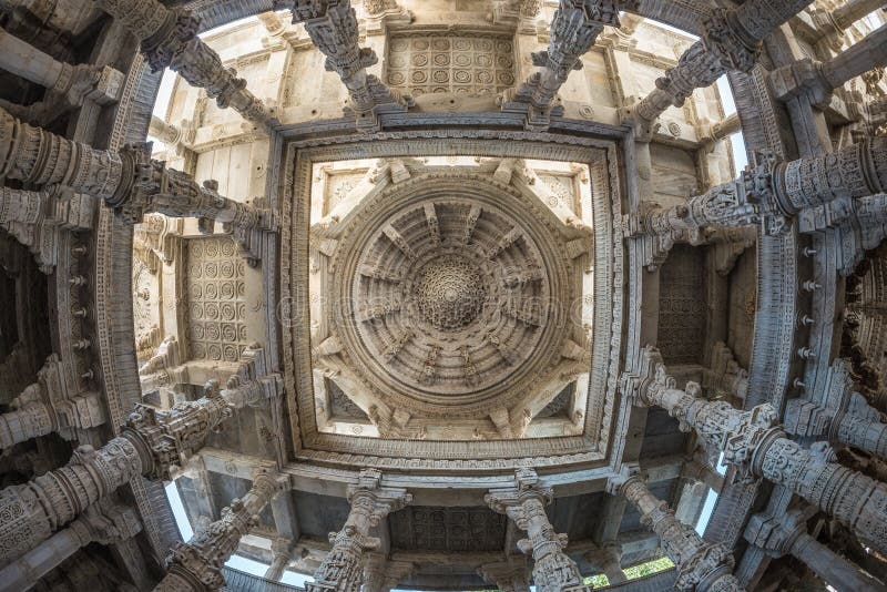 Ranakpur, India - February 2, 2017: Interior of the majestic jainist temple at Ranakpur, Rajasthan, India. Architectural details o