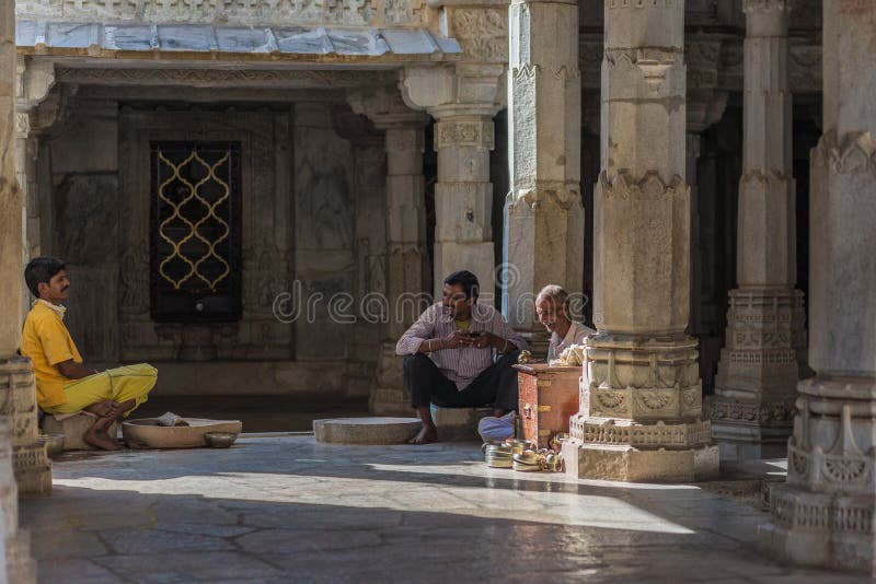 Ranakpur, India - February 2, 2017: people in the majestic jainist temple at Ranakpur, Rajasthan, India. Architectural details of