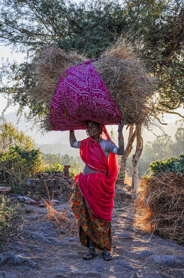 Ranakpur, India - Jan 02, 2020: Indian woman carries hay on her head. Ranakpur, India - Jan 02, 2020: Indian woman carries hay on her head.